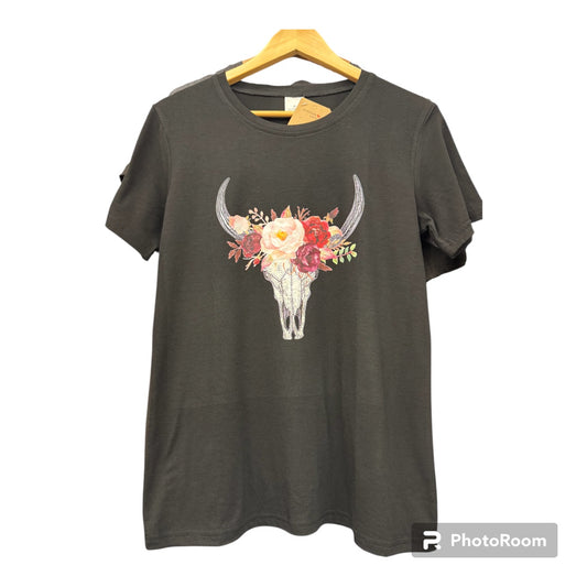 Short Sleeve T-Shirt Flower Bull Head - Adult Small