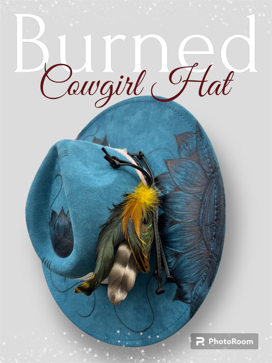 Burned Blue Sunflower Cowgirl Hat